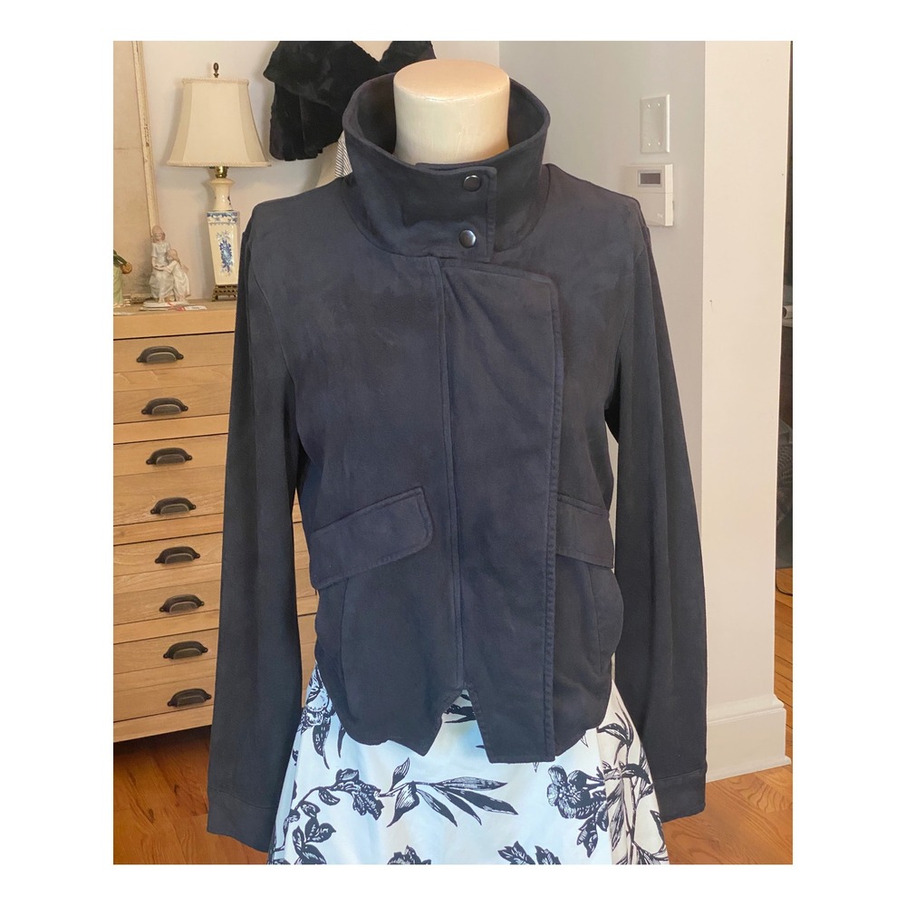 GB Womens Faux Suede Funnel Neck Asymmetrical Zip Jacket Charcoal Black Size M